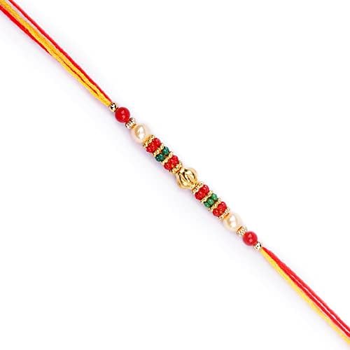 Ghasitaram Gifts Rakhi Gifts for Brothers Rakhi Sweets - Assorted Box of Kaju Katli, Milk Cake and Methi Mathi with Pearl Beads Rakhi