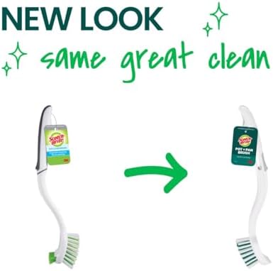 Scotch-Brite Pot + Pan Brush, Durable and Long Lasting Dish Brush with Handle for Scrubbing Stainless Steel, Outdoor Furniture, and Sinks without Scratching, Antimicrobial, and Rinses Clean