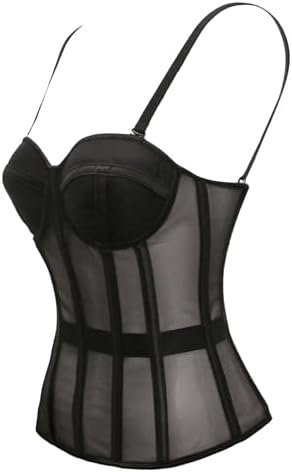 YUNAR Women's Mesh Overbust Corset, Underwired Padded Bust, Removable Straps, 10 Bones Shapewear Going Out Top