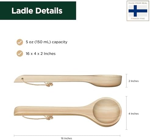 Northwood Sauna - Sauna Ladle - Handmade from Finnish Pine Wood - Natural Rope - 16″ Handle & 5 oz (150 mL) Capacity Spoon