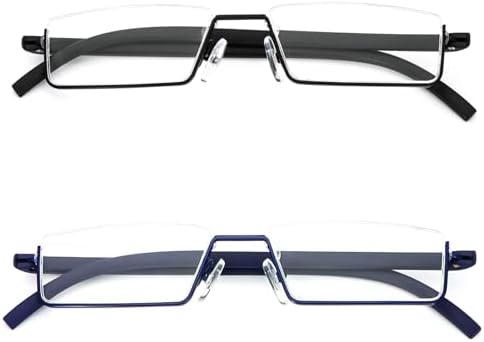 REAVEE 2 Pack Half Frame Reading Glasses for Men Women, Half Lens Metal Lightweight Readers Portable with Case, Black and Blue +1.25