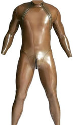 Male Latex Rubber Shoulder-Zip Catsuit Double-Diagonal Zipper Bodysuits Jumpsuit Party Club Wear
