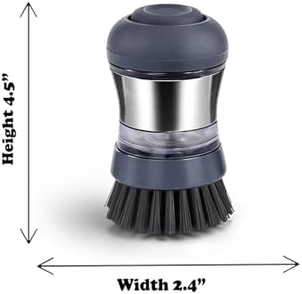 Stainless Steel Soap Dispensing Palm Brush for Pans & General Kitchen Dish Scrub | Grey Bristles | Dishwasher Safe