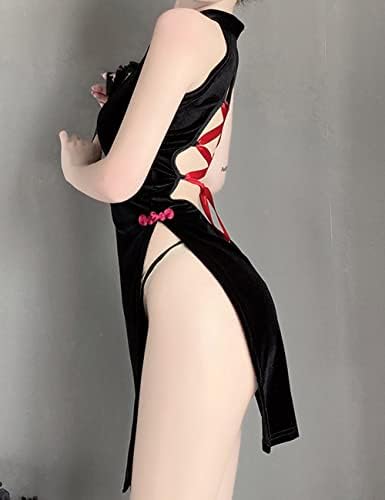 Women High Slit Cheongsam Long Dress Hot Cosplay Lingerie for Women Qipao Sexy Nightdress Pajamas Black