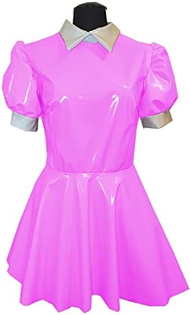 PVC Mini Dress Turtleneck PU A line Dress Faux Leather Turn-Down Collar Dress,Pink,S