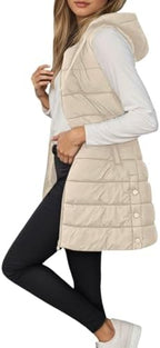 JiXiang Long Vest for Women Sleeveless Winter Warm Quilted Zipper Puffer Vest with Hood Padded Down Coat Jackets Outerwear