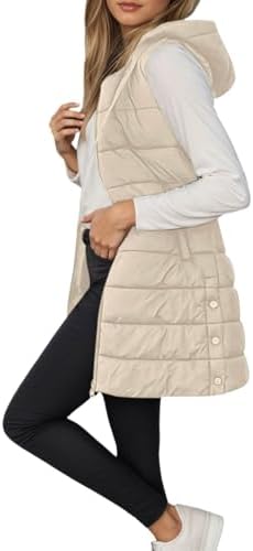 JiXiang Long Vest for Women Sleeveless Winter Warm Quilted Zipper Puffer Vest with Hood Padded Down Coat Jackets Outerwear