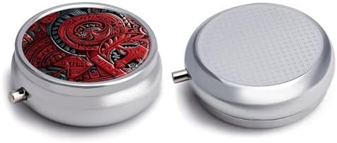 Red Tribal Pattern Pill Box Cute Round Pill Case Portable Medication Organizer 3 Independent Compartments Moisture-Proof Medicine Holder for Travelers, Seniors & Caregivers