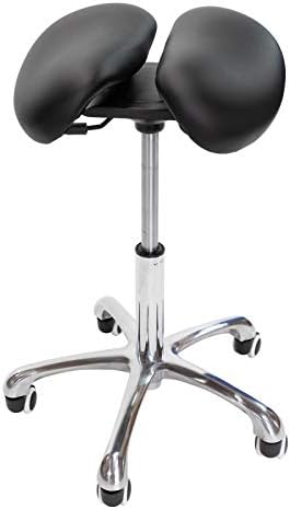 Saddle Stool with Wheels Rolling Chair - Ergonomic Split Seat Design, 360° Swivel Mobility, and Heavy Duty Adjustable Height - Professional Salon, Massage & Esthetician Spa Stool - (Black)