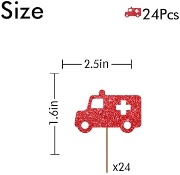 24PCS Ambulance Cupcake Toppers, Nurse Graduation Cupcake Toppers, Medical Rn Themed Dessert Picks, Nurse Birthday/Nursing Party Decoration - Red Glitter