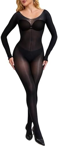 Women Sexy Full Body Stockings Oil Shiny Bodysuit Rave Outfits (A-Black)
