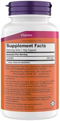 NOW Foods Inositol 500 mg, Superior Myo Inositol Form, for Healthy Membrane Function*, Cellular Health*, Support for Women* Kosher, Suitable for Vegans - 200 Vegetarian Capsules (Pack of 1)