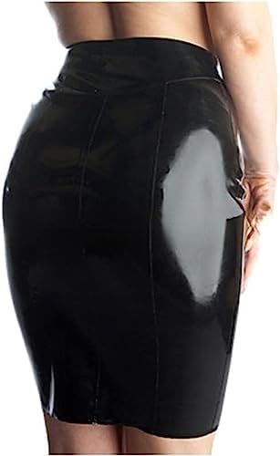 Black Sexy Latex Skirts Above Knee Length with Full Front Buttons Rubber Bottoms,Custom Color,Medium