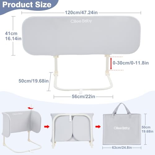 Ciilee Baby Bed Rail for Toddlers Portable Travel Kids Beds Guard Rails for Queen Bed Foldable Children Side Railing for Twin Beds Adjustable Bedrail Barandas para Camas de Niños（Grey,48in
