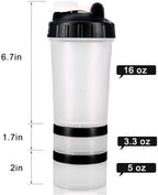 Hydro2Go 16oz Protein Shaker Bottle with Shaker Ball and 2 Storage Jars | BPA-Free Plastic Cup with Clear Measurement Scale | Perfect for Protein Mixes and Pills | Portable Pre-Workout Drink Cup Black