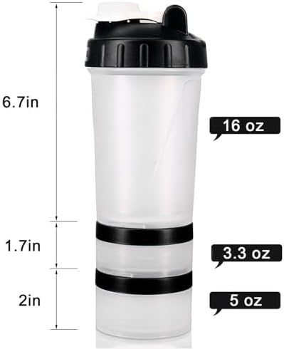 Hydro2Go 16oz Protein Shaker Bottle with Shaker Ball and 2 Storage Jars | BPA-Free Plastic Cup with Clear Measurement Scale | Perfect for Protein Mixes and Pills | Portable Pre-Workout Drink Cup Black