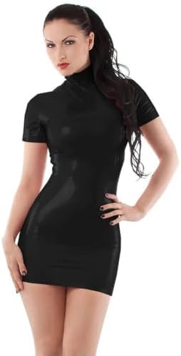 Wet Look PVC Leather Short Sleeve Bodycon Pencil High Half Neck, Mini Dress,