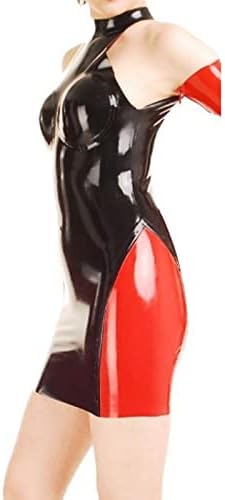Natural latexRed and Black Sexy Latex Dress with Back Zipper Glued Breasts Rubber Playsuit