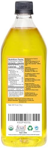 Daana Safflower Oil: Certified USDA Organic, Extra Virgin, Cold Pressed, High Oleic (34 Fl oz)