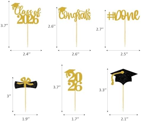 Graduation Decorations 2026-24Pcs Gold Glitter Graduation Cupcake Toppers for Class of 2026 Party Decorations