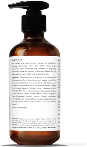Kerala Ayurveda Herbal Skin Oil (Eladi Thailam) - Sesame Oil Based Ayurvedic Massage Oil for Radiant Body & Healthy Scalp - Moisturizes Dry Skin & Hair, & Balances Vata and Kapha, 6.76 Fl Oz