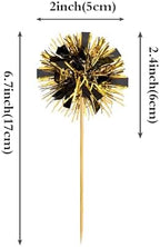 30 PCS Foil Firework Cupcake Toppers Sparkle Tinsel Cake Toppers Happy Birthday Cake Decorations Tinsel Drink Cocktail Picks for Fireworks Theme Birthday Wedding Graduation Party Supplies Black Gold