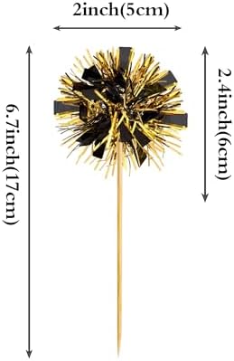 30 PCS Foil Firework Cupcake Toppers Sparkle Tinsel Cake Toppers Happy Birthday Cake Decorations Tinsel Drink Cocktail Picks for Fireworks Theme Birthday Wedding Graduation Party Supplies Black Gold