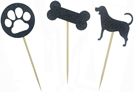Morndew 24 PCS Black Glitter Dog Palm and Bone Cupcake Toppers for Baby Shower Birthday Party Wedding Party Decorations
