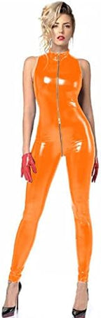 JXUN Plus Size Sexy Sleeveless PVC Catsuit Women Zipper To Crotch Bodycon Jumpsuit Cosplay Costume Nightclub Party Uniform,Orange,4XL