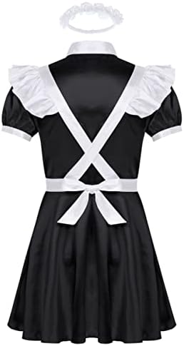 Men's French Maid Cosplay Uniform Silk Satin Mini Dress with Apron Sissy Crossdressing Pajamas Set