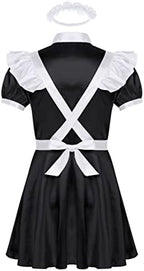 Men's French Maid Cosplay Uniform Silk Satin Mini Dress with Apron Sissy Crossdressing Pajamas Set