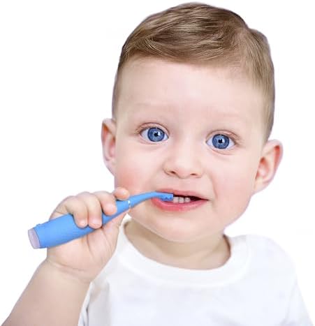 FOREO ISSA 4 Baby – Silicone Sonic Electric Toothbrush Bundle for Babies, 2-Sided Bristles, Fun Smile Feature, Gum Massage, 12 Months of Care with Extra Brush Head, Travel-Friendly - Bubble Blue