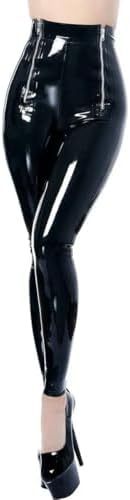 Cropped Pants with Zipper for Women,PVC Leather,Gothic Latex Leggings, High Waist Trousers,