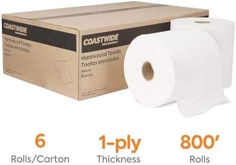 Coastwide Professional Hardwound Paper Towels, 1-Ply, White, 800 ft./Roll, 6 Rolls/Carton