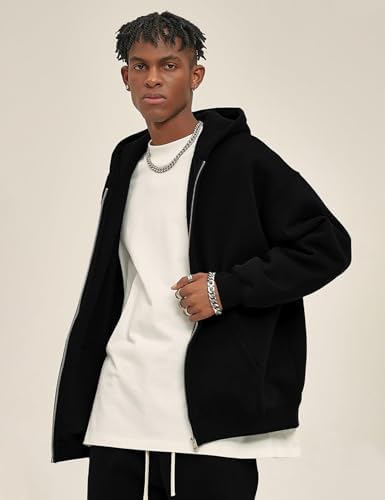 Flygo Mens Zip Up Hoodies Oversized Fleece Long Sleeve Drop Shoulder Hooded Sweatshirt Trendy Vintage Streetwear