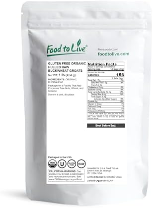 Food to Live - Gluten Free Organic Buckwheat Groats, 1 Pound – Hulled Raw Non-GMO Whole Grain. Quick-Cooking. Perfect for Kasha, Grechka and Cereals