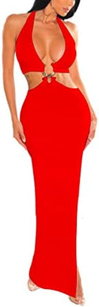 LuFeng Women's Sexy Sleeveless Halter V Neck Side Waist Cutout Backless Bodycon High Slit Maxi Long Dress