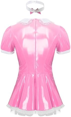 Men Sissy Wet Look Lace French Maid Uniform Lingerie Outfit Cosplay Fancy Dress Pajamas Set