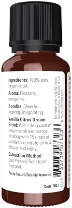 NOW Essential Oils, Tangerine Oil, Cheerful Aromatherapy Scent, Cold Pressed, 100% Pure, Vegan, Child Resistant Cap, 1-Ounce