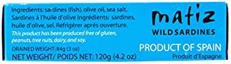 Matiz Sardines in Olive Oil, 4.2 Ounce Can (Pack of 5) Spanish Gourmet Wild Caught Natural Fish for Tapas, Snacks, or Meals, Protein Rich, Sealed Freshness