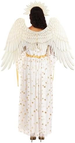 Adult Premium Angel Costume | Women's Heavenly Guardian Angel Dress w/Sleeves, Radiant Crown Headband, Gold Wings