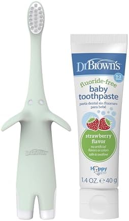 Dr. Brown’s Infant-to-Toddler Training Toothbrush Set, Mint Elephant with Fluoride-Free Strawberry Baby Toothpaste, 0-3 years