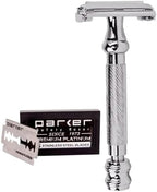 Parker 99R Chrome Long Handle Heavyweight Butterfly Open Double Edge Safety Razor for Men | 5 Parker Premium Platinum Double Edge Razor Blades Included | Iconic Brand