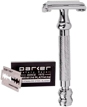 Parker 99R Chrome Long Handle Heavyweight Butterfly Open Double Edge Safety Razor for Men | 5 Parker Premium Platinum Double Edge Razor Blades Included | Iconic Brand