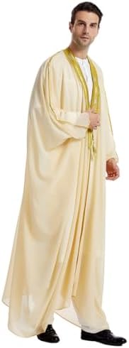 Muslim Thobe for Men Kaftan Robe Ramadan Abaya Prayer Dress Chiffon Open Front Embroidered Cardigan Islam Dubai Thobe Kimono