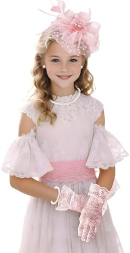 Girls Tea Party Fascinators Hats with Lace Gloves Pearl Necklace Earring Jewelry for Tea Party Wedding Accessories