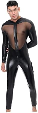 Men's Sexy Latex Lace Net yarn stitching Catsuit Leather Jumpsuit Full Body Bodysuit Wet Look Clubwear Clothing
