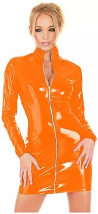Women Sexy Zipper PVC Mini Dress Catsuit Novelty Club Party Dress Bodycon Long Sleeve Turtleneck,Orange,XL