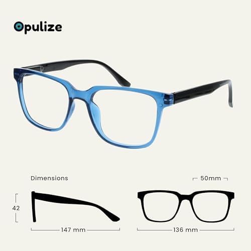 OPULIZE LEO Reading Glasses for Women Men, Large Rectangular Frame with Spring Hinges, Blue Purple Grey Clear +1.50 (Pack of 4)