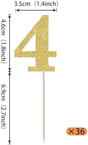 Rsstarxi 36 Pack 4th Birthday Cupcake Toppers Gold Glitter Number 4 Cupcake Picks Fourth Birthday Cake Decorations for Cheers to 4 Years Anniversary Party Decorations